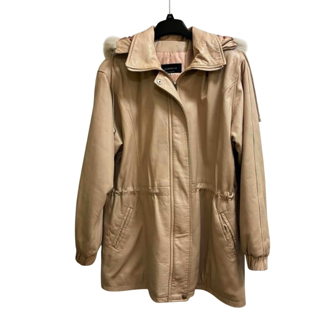 Damselle Leather Parka Womens M Beige Faux Fur Hood Drawstring Waist Vintage Y2K